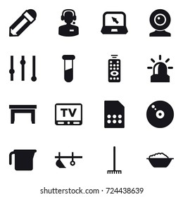 16 vector icon set : pencil, call center, notebook, web cam, equalizer, remote control, alarm, table, tv, measuring cup, plow, rake, foam basin