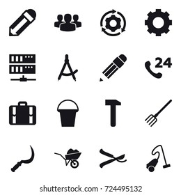 16 vector icon set : pencil, group, around gear, gear, server, draw compass, suitcase, bucket, fork, sickle, wheelbarrow, pruner, vacuum cleaner
