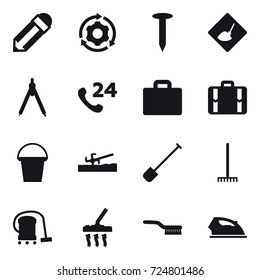 16 vector icon set : pencil, around gear, nail, under construction, drawing compass, suitcase iocn, suitcase, bucket, soil cutter, shovel, rake, vacuum cleaner, brush, iron