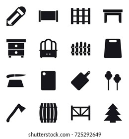 16 vector icon set : pencil, fence, table, nightstand, dresser, cutting board, trees, axe, barrel, farm fence, spruce