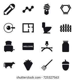 16 vector icon set : pencil, graph, bulb, hex molecule, cell corection, plan, toilet, fence, toaster, welcome mat, cow, berry, fork, acorn