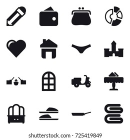 16 vector icon set : pencil, wallet, purse, circle diagram, heart, home, underpants, castle, drawbridge, arch window, restaurant, dresser, slippers, pan, stack of towels