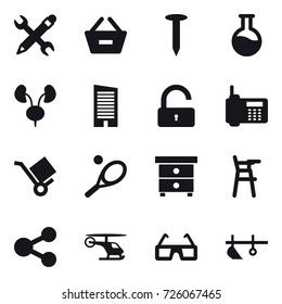 16 vector icon set : pencil wrench, remove from basket, nail, skyscraper, unlock, tennis, nightstand, Chair for babies, plow