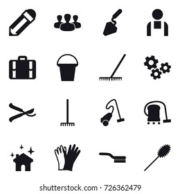 16 vector icon set : pencil, group, construction, suitcase, bucket, rake, gears, pruner, vacuum cleaner, house cleaning, gloves, brush, duster