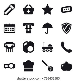 16 vector icon set : pencil, add to basket, star, ticket, calendar, column, shield, antique column, cook hat, skimmer, tomato