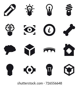 16 vector icon set : pencil, bulb, bulb brain, eye identity, info, 3d, bridge, smart house