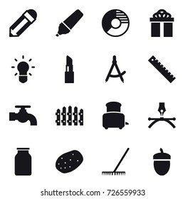 16 vector icon set : pencil, marker, circle diagram, gift, bulb, lipstick, draw compass, ruler, water tap, fence, toaster, rake, acorn