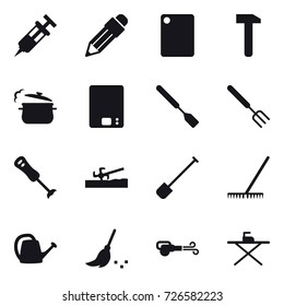 16 vector icon set : pencil, cutting board, steam pan, kitchen scales, spatula, big fork, soil cutter, shovel, rake, watering can, broom, blower, iron board