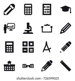 16 vector icon set : pencil, calculator, abacus, graduate hat, presentation, microscope, electrostatic, draw compass, university, school, ruler