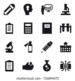16 vector icon set : pencil, bulb head, presentation, microscope, clipboard, calculator, copybook, university