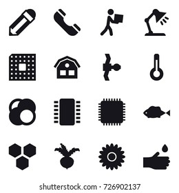 16 vector icon set : pencil, phone, courier, table lamp, cpu, house, thermometer, honeycombs, beet, flower, hand drop
