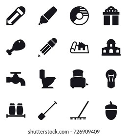 16 vector icon set : pencil, marker, circle diagram, gift, chicken leg, project, mansion, water tap, toilet, toaster, shovel, rake, acorn