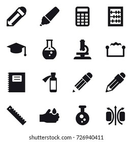 16 vector icon set : pencil, marker, calculator, abacus, graduate hat, round flask, microscope, electrostatic, copybook, ruler