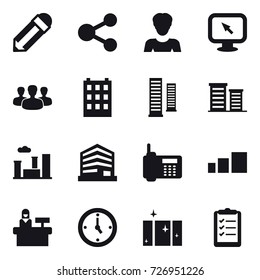 16 vector icon set : pencil, share, woman, monitor arrow, group, building, skyscrapers, district, city, reception, watch, clean  window, clipboard list