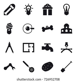 16 vector icon set : pencil, bulb, gift, cell corection, bone, mansion, drawing compass, plan, water tap, skimmer, shovel