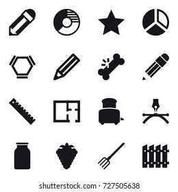 16 vector icon set : pencil, circle diagram, star, diagram, hex molecule, ruler, plan, toaster, berry, fork, fence
