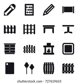 16 vector icon set : pencil, abacus, fence, table, chest of drawers, fireplace, cutting board, trees, barrel