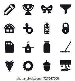 16 vector icon set : pencil, trophy, bow, funnel, house, remote control, apron, rake, cow, sun, acorn, hand dryer