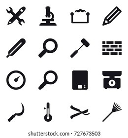16 vector icon set : pencil wrench, microscope, electrostatic, pencil, brick wall, barometer, kitchen scales, sickle, thermometer, pruner, rake