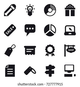 16 vector icon set : pencil, bulb, circle diagram, gift, sale, message, diagram, notebook, label, atm receipt, medal, shop signboard, signpost