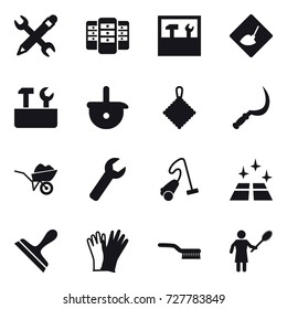 16 vector icon set : pencil wrench, server, tools, under construction, repair tools, rag, sickle, wheelbarrow, wrench, vacuum cleaner, clean floor, scraper, gloves, brush, woman with pipidaster