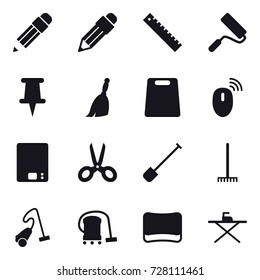 16 vector icon set : pencil, ruler, repair, broom, cutting board, kitchen scales, scissors, shovel, rake, vacuum cleaner, sponge, iron board