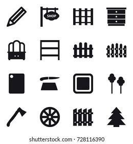 16 vector icon set : pencil, shop signboard, chest of drawers, dresser, rack, fence, cutting board, trees, axe, wheel, spruce