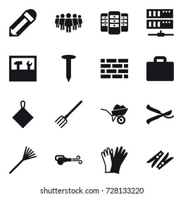 16 vector icon set : pencil, team, server, tools, nail, brick wall, suitcase iocn, rag, fork, wheelbarrow, pruner, rake, blower, gloves, clothespin