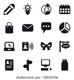 16 vector icon set : pencil, bulb, circle diagram, calendar, shopping bag, mail, message, diagram, notebook, pass card, bow, shop signboard