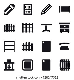 16 vector icon set : pencil, abacus, fence, table, nightstand, rack, cutting board, fireplace, barrel