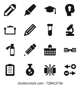 16 vector icon set : pencil, marker, graduate hat, bulb head, electrostatic, university, school
