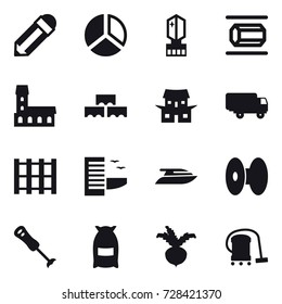 16 vector icon set : pencil, diagram, crystall  memory, nanotube, mansion, block wall, japanese house, hotel, yacht, flour, beet, vacuum cleaner