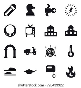 16 vector icon set : pencil, chess horse, satellite, lightning, necklace, tv, cottage, mansion, arch, disco ball, thermometer, slippers, pan