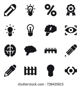 16 vector icon set : pencil, bulb, percent, medal, brain, eye identity, bridge, fence