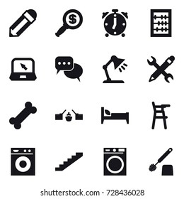 16 vector icon set : pencil, dollar magnifier, alarm clock, abacus, notebook, discussion, table lamp, pencil wrench, drawbridge, bed, Chair for babies, washing machine, stairs, toilet brush