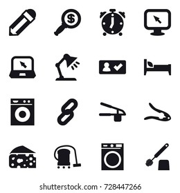 16 vector icon set : pencil, dollar magnifier, alarm clock, monitor arrow, notebook, table lamp, check in, bed, washing machine, garlic clasp, walnut crack, cheese, vacuum cleaner, toilet brush