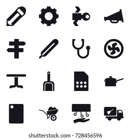 16 vector icon set : pencil, gear, satellite, loudspeaker, singlepost, cooler fan, table, scoop, saute pan, cutting board, wheelbarrow, hand dryer, home call cleaning