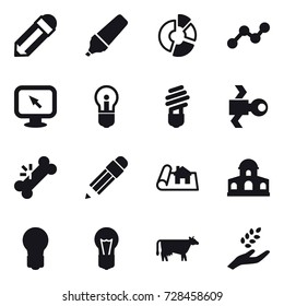 16 vector icon set : pencil, marker, circle diagram, graph, monitor arrow, bulb, satellite, project, mansion, cow, harvest