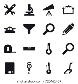 16 vector icon set : pencil wrench, microscope, telescope, electrostatic, scales, funnel, pencil, measuring tape, level, thermometer, kitchen scales, handle scales, scoop