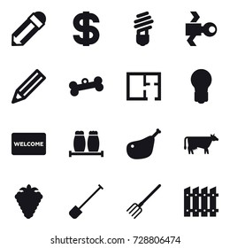 16 vector icon set : pencil, dollar, bulb, satellite, bone, plan, welcome mat, cow, berry, shovel, fork, fence