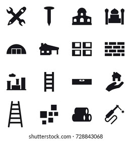 16 vector icon set : pencil wrench, nail, mansion, minaret, hangare, house with garage, panel house, brick wall, city, stairs, level, real estate