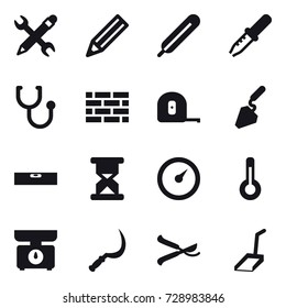 16 vector icon set : pencil wrench, pencil, brick wall, measuring tape, construction, level, barometer, thermometer, kitchen scales, sickle, pruner, scoop