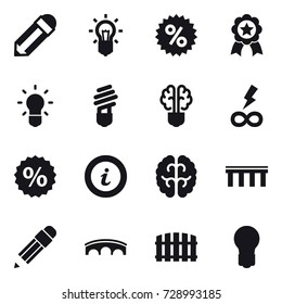 16 vector icon set : pencil, bulb, percent, medal, bulb brain, infinity power, info, bridge, fence