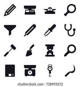 16 vector icon set : pencil, market scales, scales, magnifier, funnel, construction, kitchen scales, handle scales, sickle