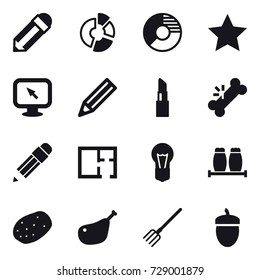 16 vector icon set : pencil, circle diagram, star, monitor arrow, lipstick, plan, fork, acorn