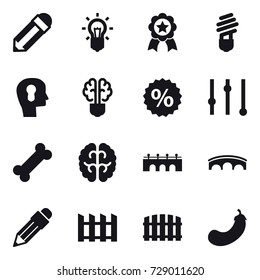 16 vector icon set : pencil, bulb, medal, bulb head, bulb brain, percent, equalizer, bridge, fence, eggplant