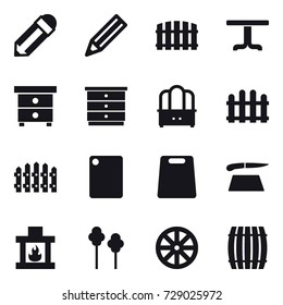16 vector icon set : pencil, fence, table, nightstand, chest of drawers, dresser, cutting board, fireplace, trees, wheel, barrel
