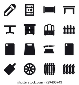 16 vector icon set : pencil, abacus, fence, table, nightstand, dresser, cutting board, wheel, barrel