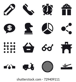 16 vector icon set : pencil, phone, alarm clock, gift, money message, chess horse, diagram, molecule, chip, remove from basket, arch, drawbridge, soil cutter