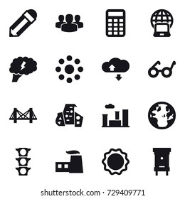 16 vector icon set : pencil, group, calculator, notebook globe, brain, round around, cloude service, bridge, modern architecture, city, hive